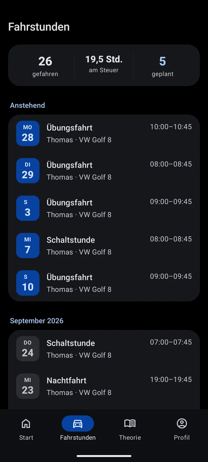 Alle Fahrstunden, geplant und gefahren