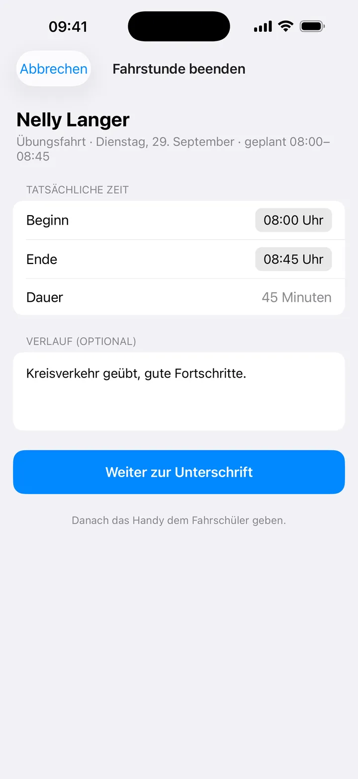 Fahrstunde beenden