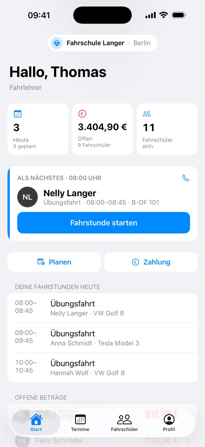 Startseite für Fahrlehrer: der Tag und die nächste Fahrstunde