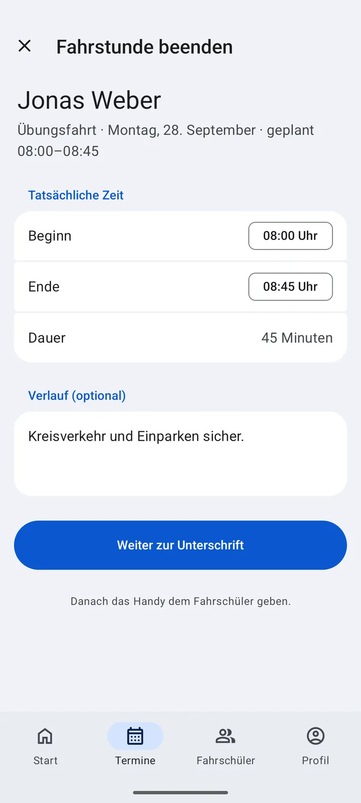 Fahrstunde beenden